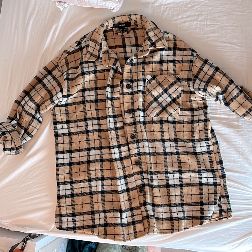 Tan and black check button down shirt or jacket